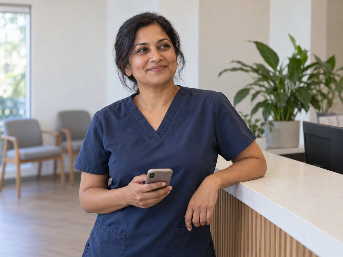 Illustrative dental practice owner at reception, looking up from her phone