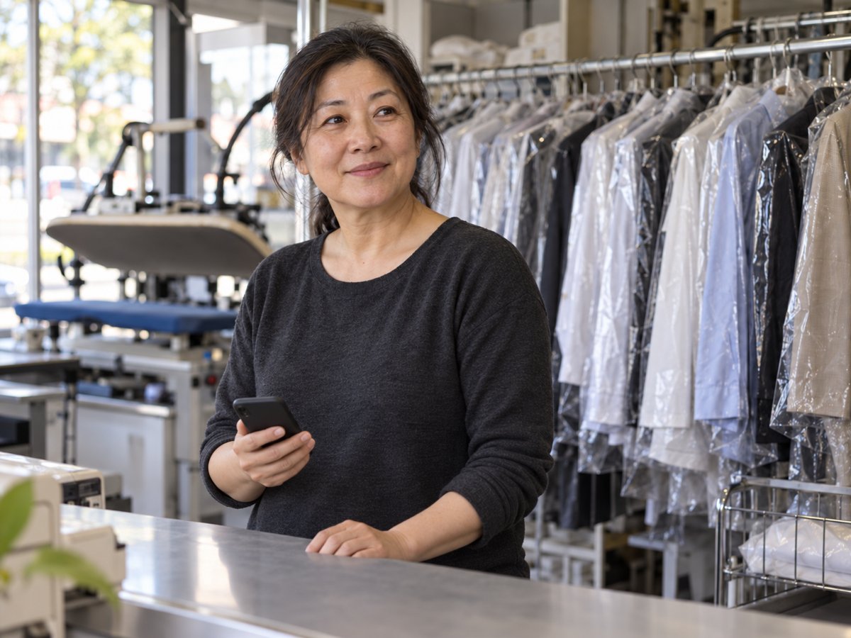 Illustrative dry-cleaning business owner at her counter, looking up from her phone